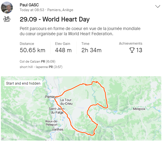 World Heart Day 2023 – Challenge completed from Ariège., Pamiers, France
