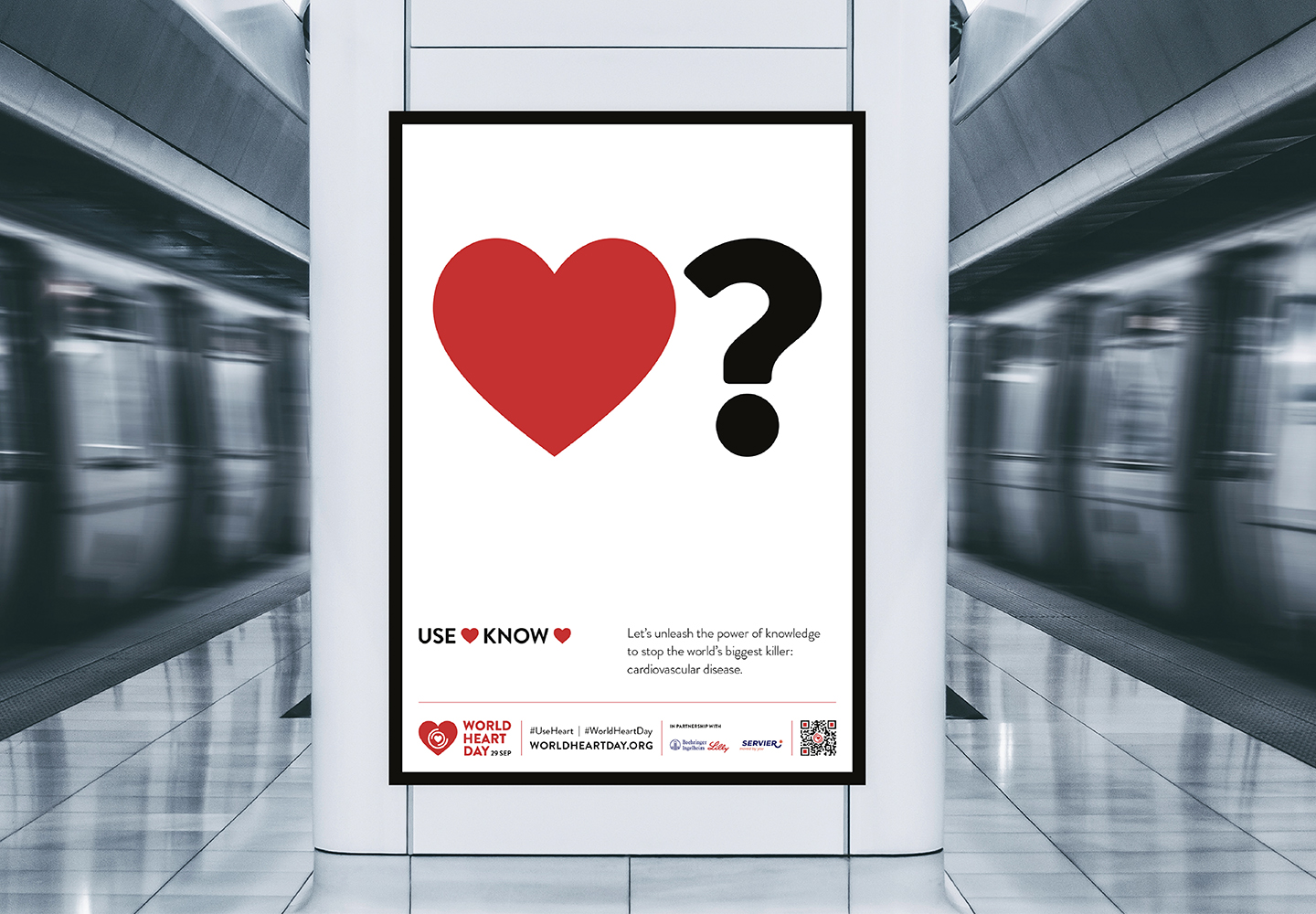 World Heart Day 2023 campaign banner at a train station