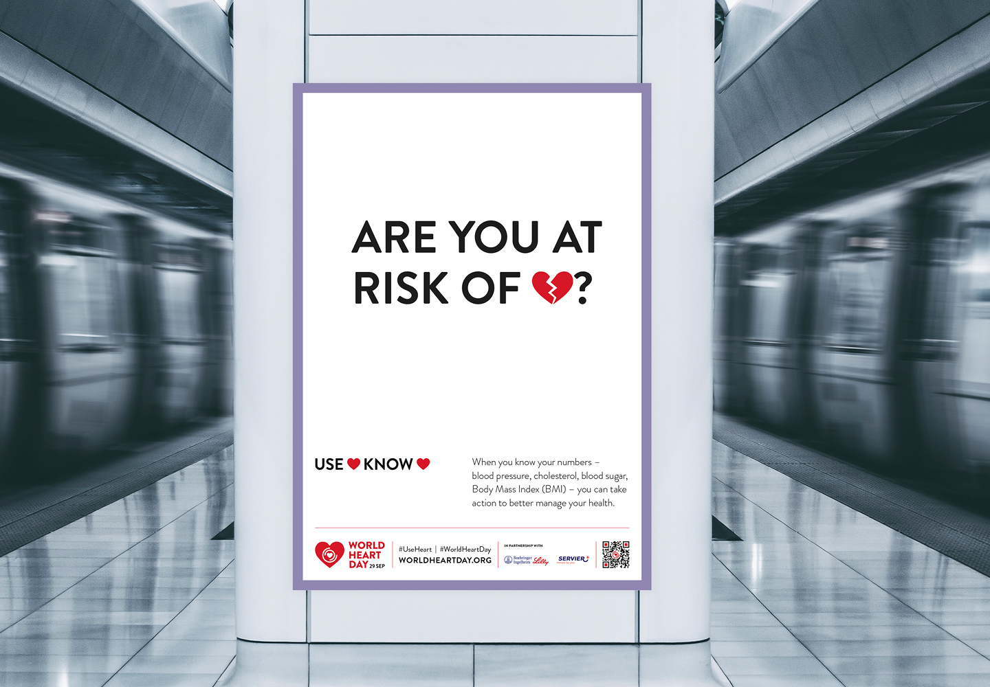 World Heart Day 2023 campaign banner at a train station