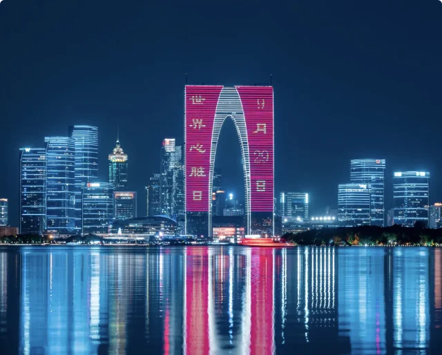 Gate of the Orient, Skyscraper in Suzhou, China lit up red for World Heart Day