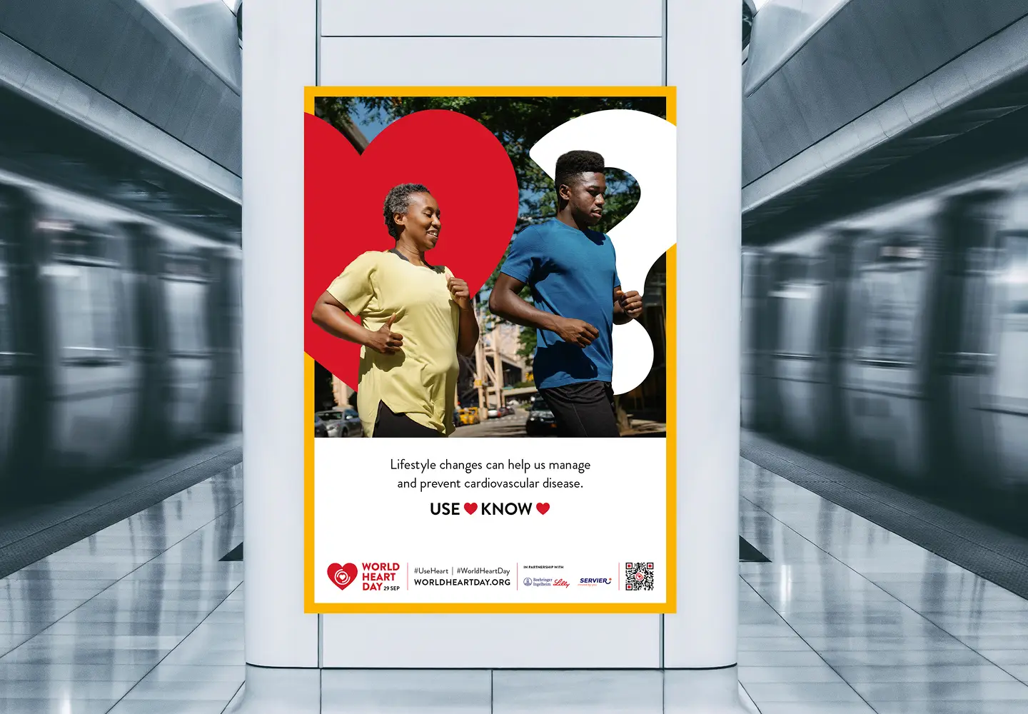 World Heart Day 2023 campaign banner at a train station