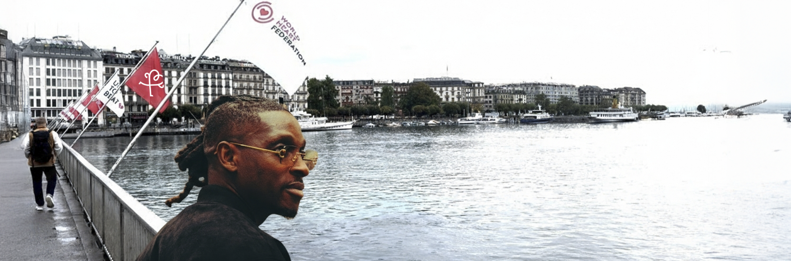 World Heart Federation ambassador banner over a waters edge with an ambassador overlooking from the edge