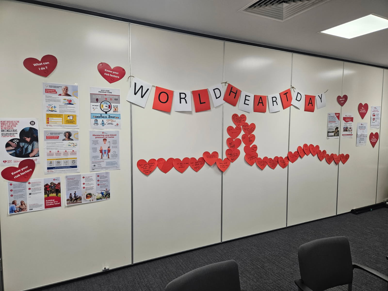 Office wall with mutiple World Heart Day posters and banners