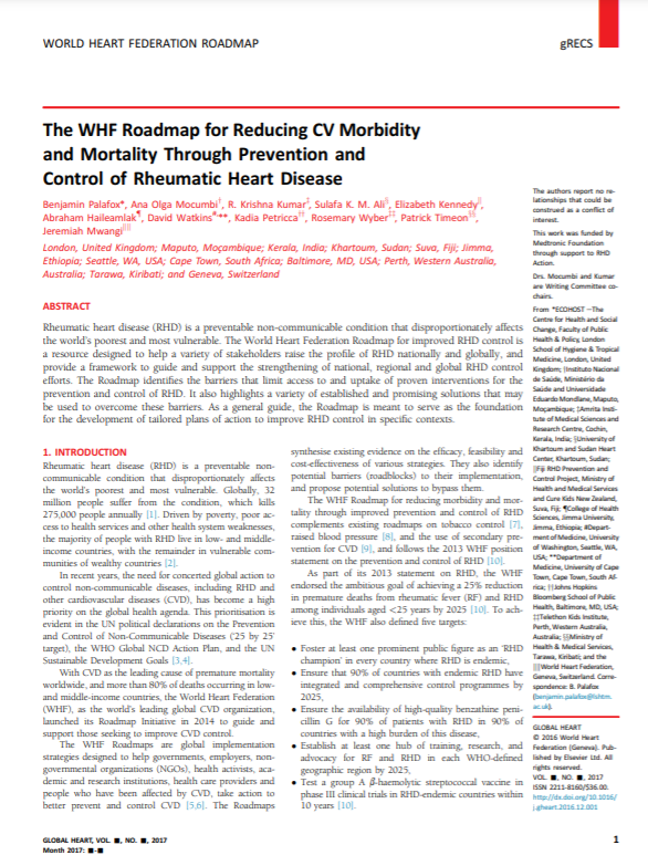 WHF Roadmap for Reducing Cardiovascular Morbidity & Mortality through Prevention & Control of RHD
