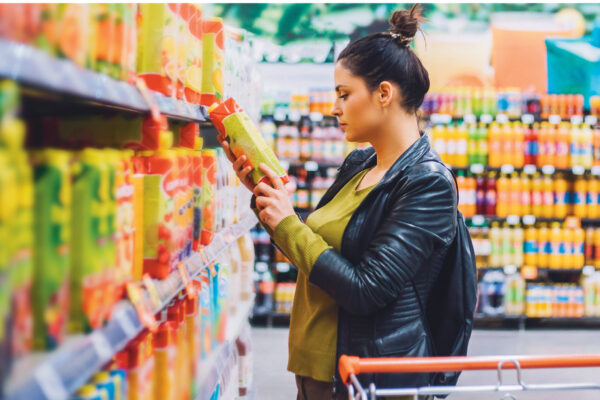 A picture of a woman in a supermarket looking at the information on the back of a juice carton