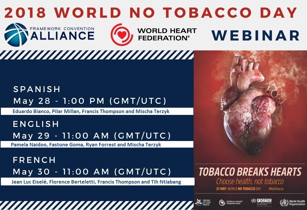 Joint webinars with the Framework Convention Alliance (FCA) on the days prior to World No Tobacco Day
