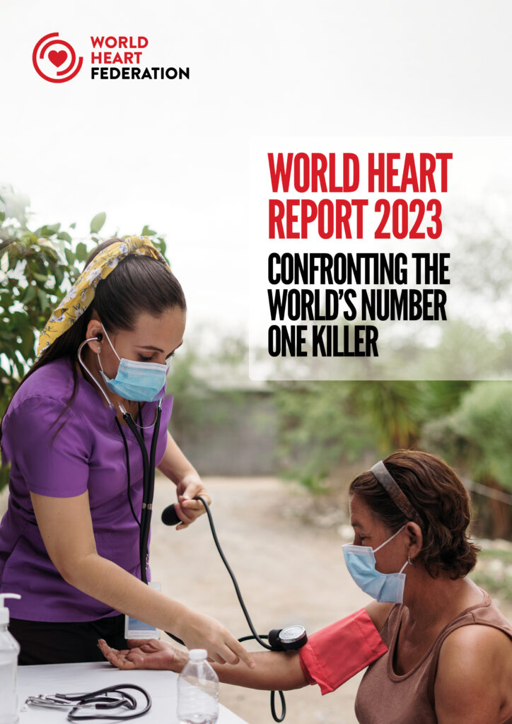 World Heart Report 2023 banner showing a female health professional observing a female patient with a stethoscope