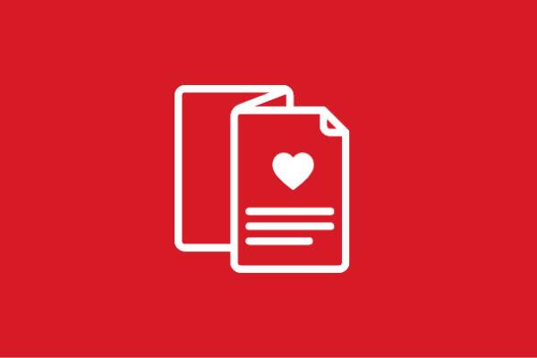White icon on red background - leaflet with heart on it