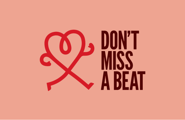 A line drawn red heart with arms and legs running with the text 'Don't miss a beat'