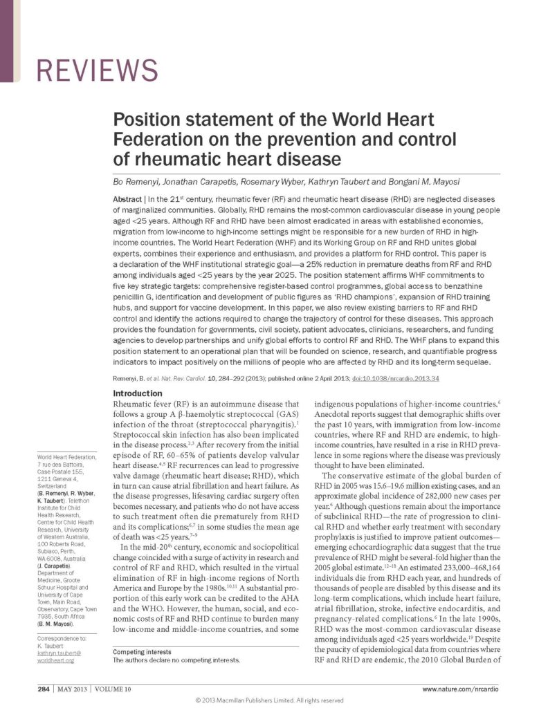 Position statement of the World Heart Federation on the prevention and control of rheumatic heart disease