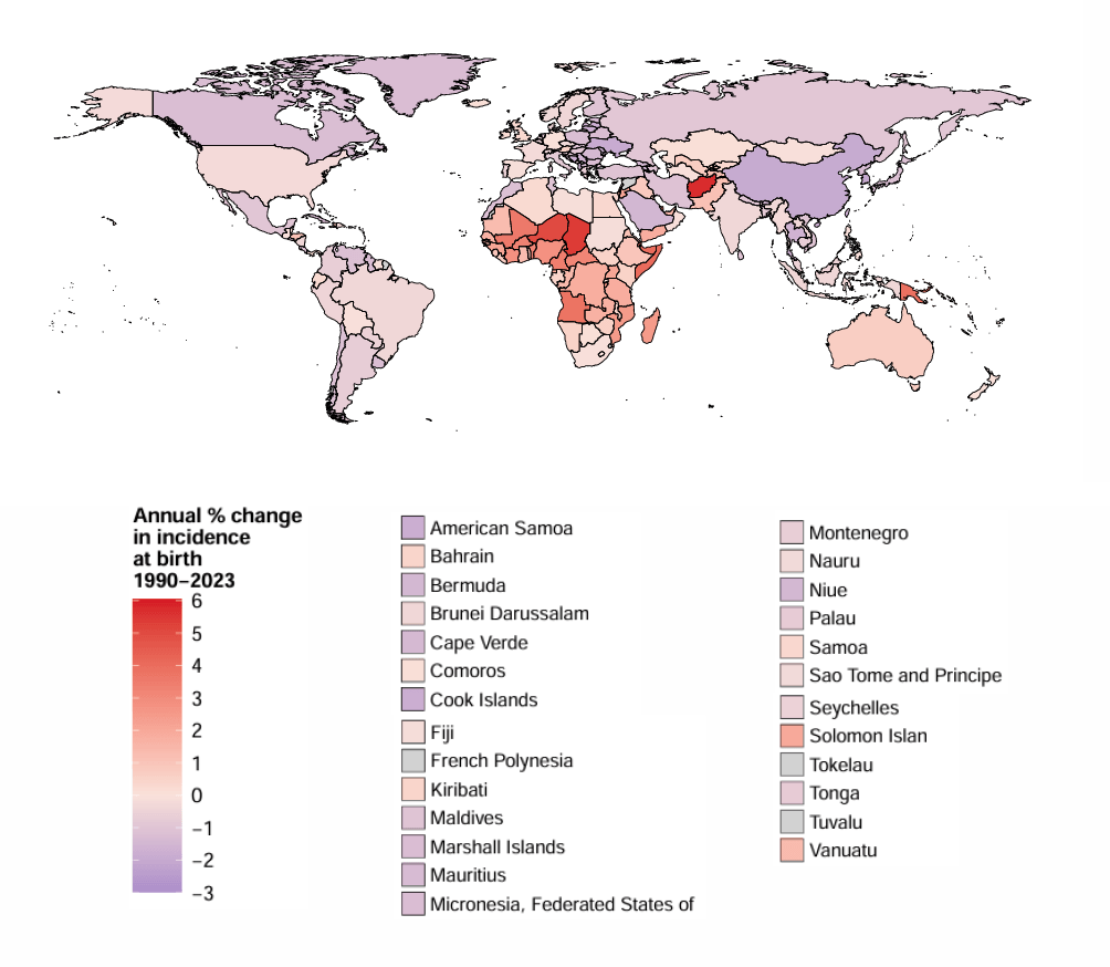 Map showing CHD incidence rate per 100,000 live births by income region, 1990–2023.
