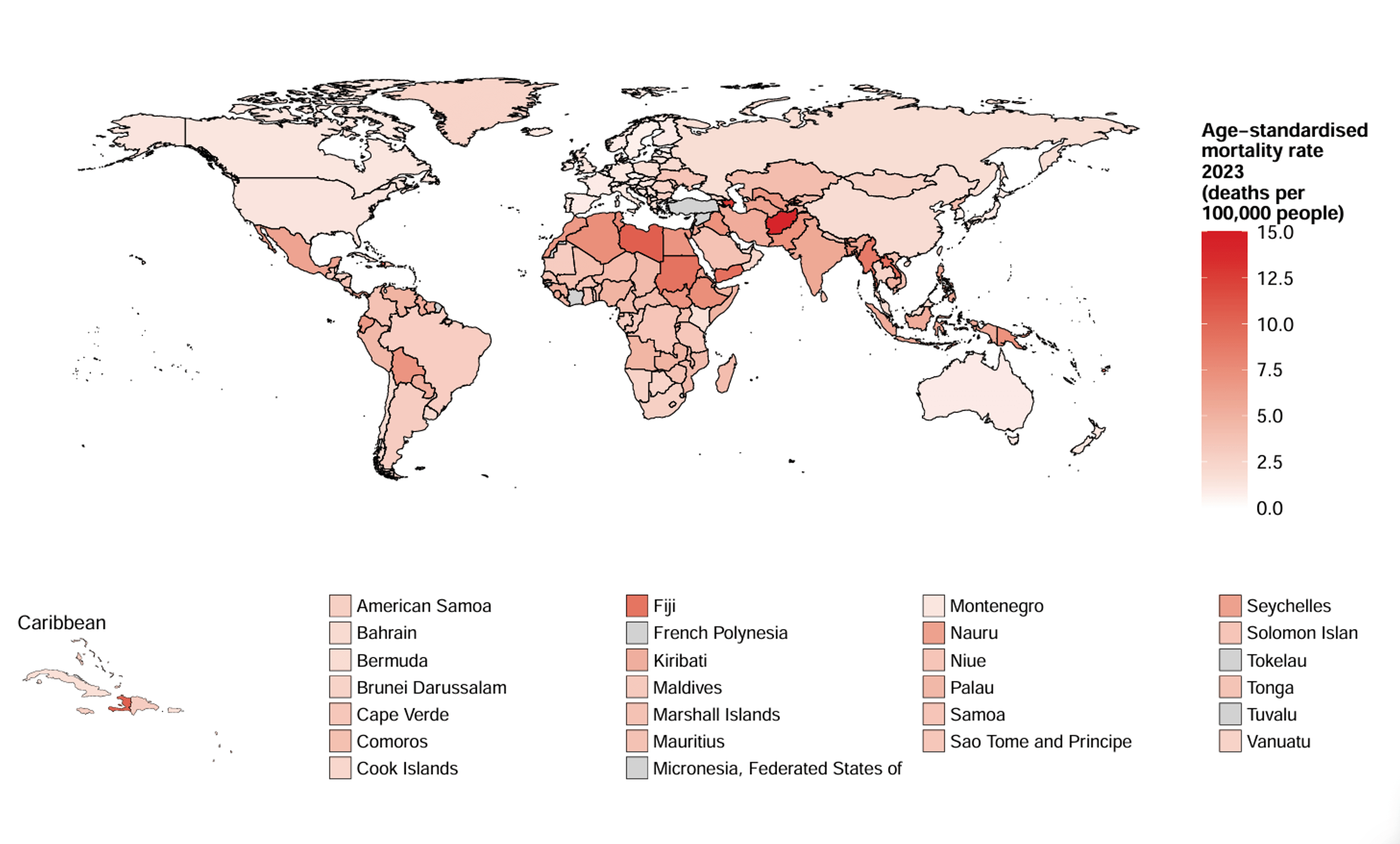 World map showing age-standardised CHD mortality rates per 100,000 people in 2023, with darker reds indicating higher rates — concentrated across parts of Africa, the Middle East, and South Asia.