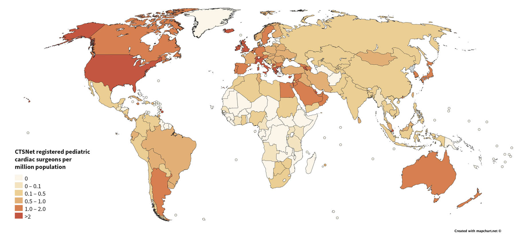 World map showing CTSNet-registered paediatric cardiac surgeons per million population. Highest densities (more than 2 per million) cover the United States, Canada, parts of Western Europe, Australia and New Zealand. Most of Africa shows 0 to 0.1 per million, with several countries at zero. South America and South Asia mostly sit in the 0.1 to 0.5 range. Large coverage gaps remain across Sub-Saharan Africa, Central Asia and parts of Oceania.