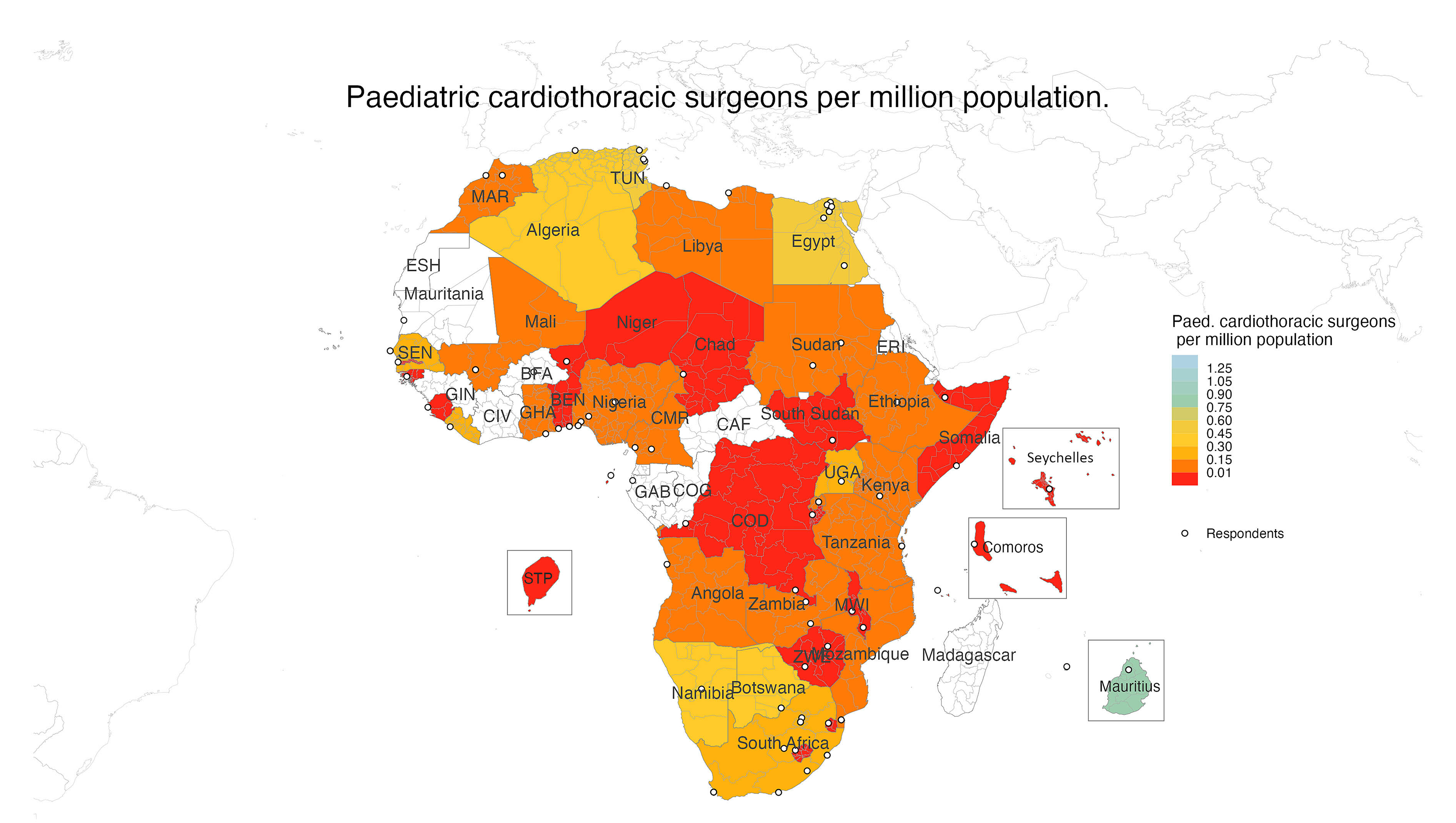 Africa-focused map showing paediatric cardiothoracic surgeons per million population. The vast majority of sub-Saharan countries — including Niger, Chad, Mali, South Sudan, DRC, Mozambique and Madagascar — fall in the 0.01 band (essentially zero coverage). Algeria, Egypt, Tunisia, South Africa and Mauritius reach 0.30 to 0.60 per million. No African country exceeds 1.05 per million.