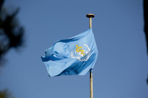 World Health Organization (WHO) flag waving on a clear blue sky day.