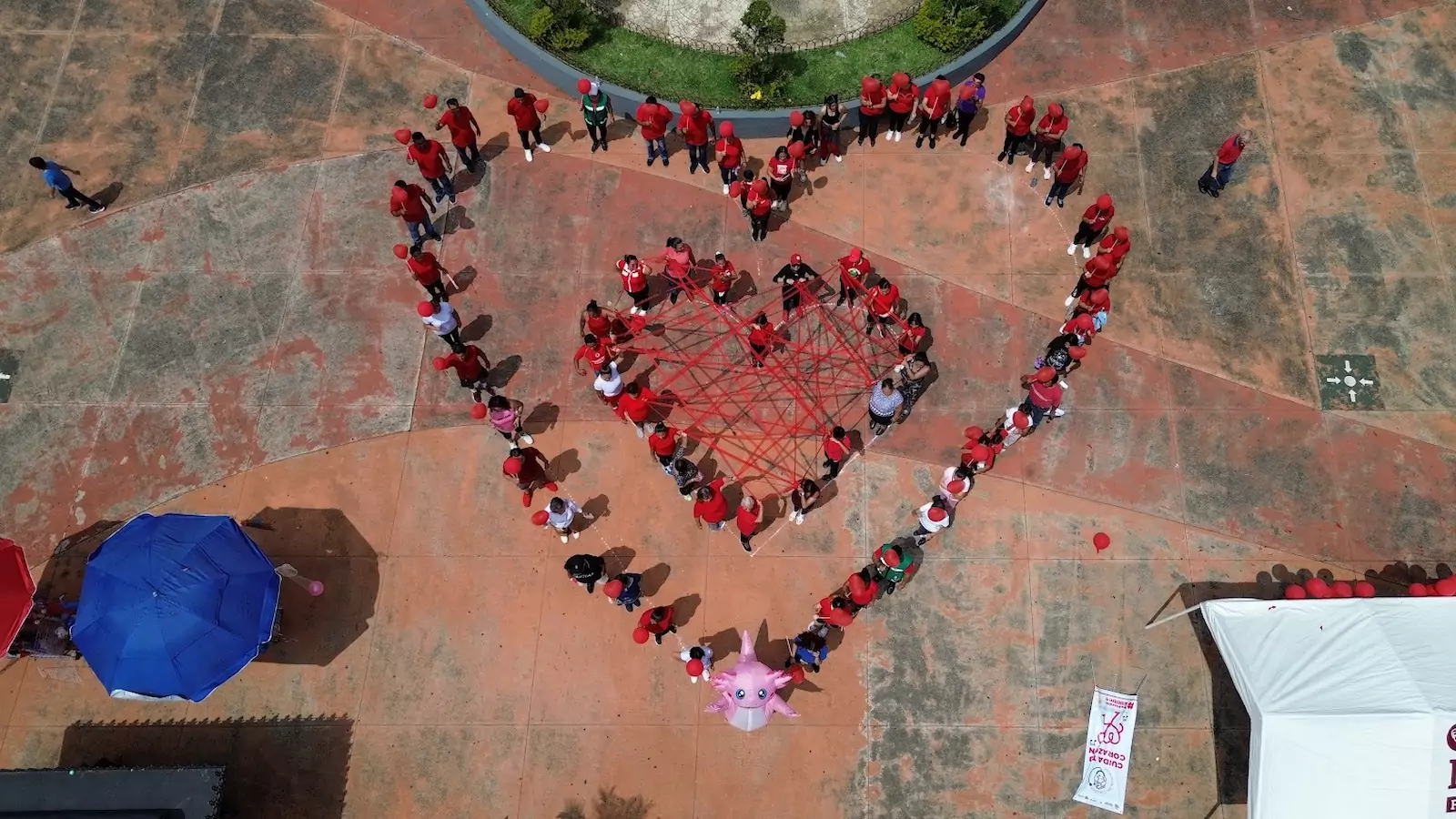 A birds eye view photo of a group gathered in the shape of a heart.