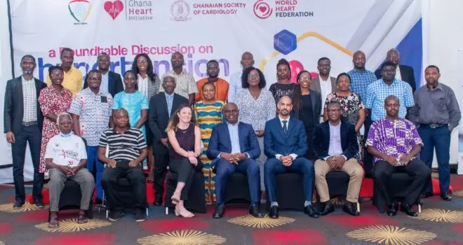 Group of heart professionals coming together for a WHF roundtable about hypertension based in Accra, Ghana