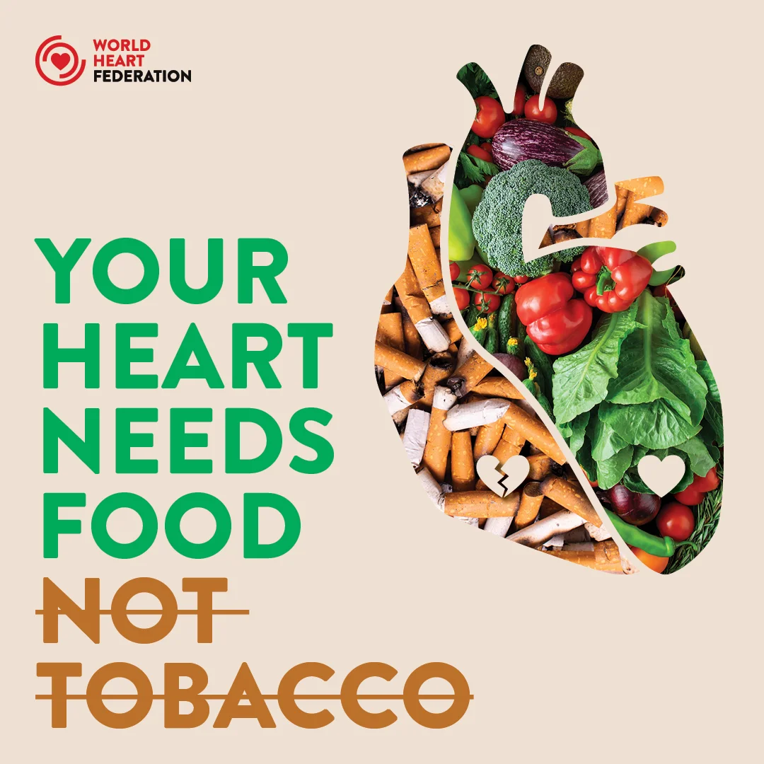 WHF World No Tobacco Day 2023 banner. Your heart needs food not tobacco